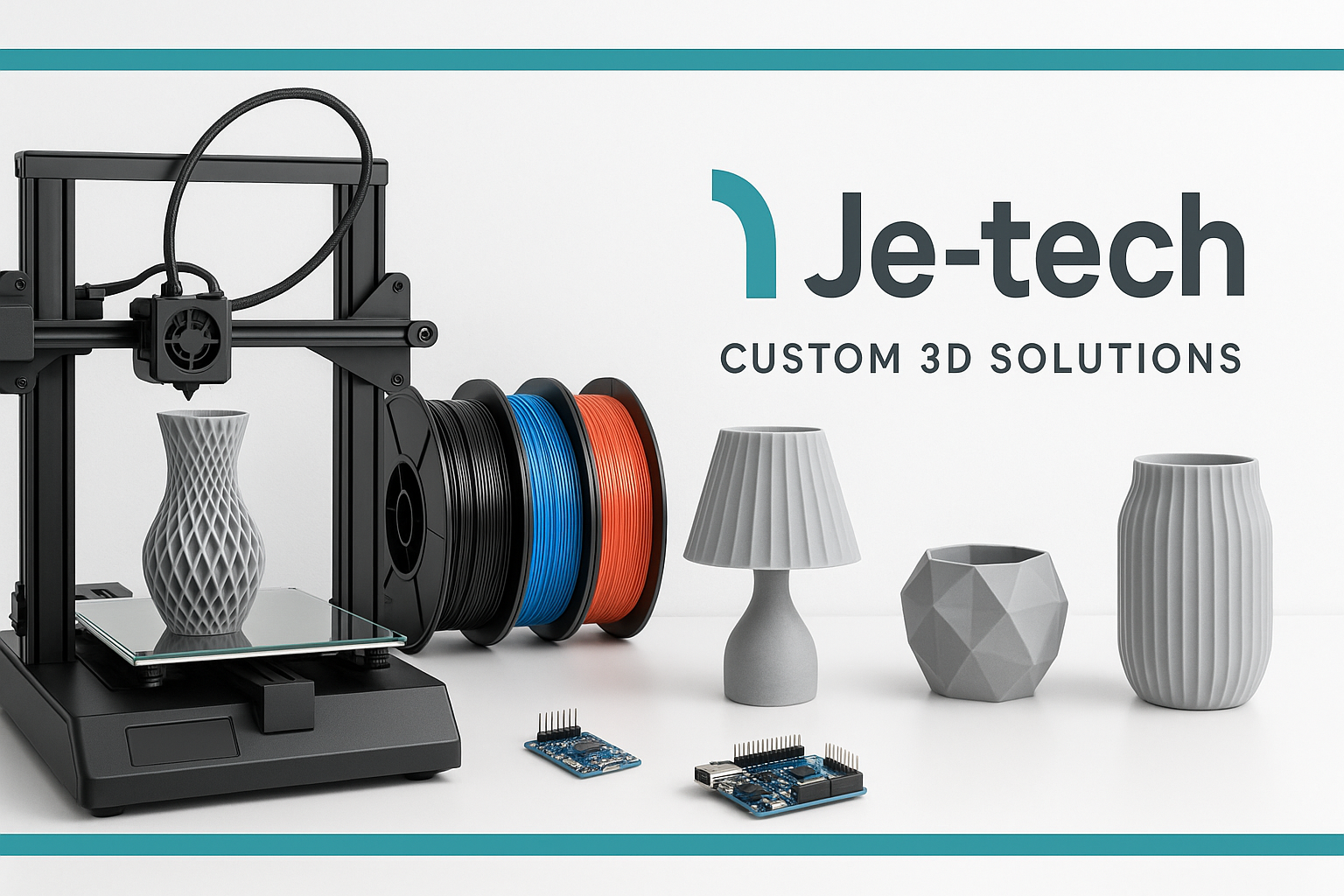 Modern clean banner with 3D printer and electronics